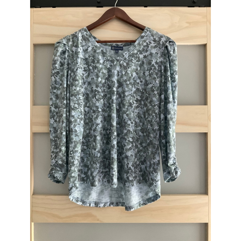 Democracy Green Gray Floral-Print Long Sleeve Top